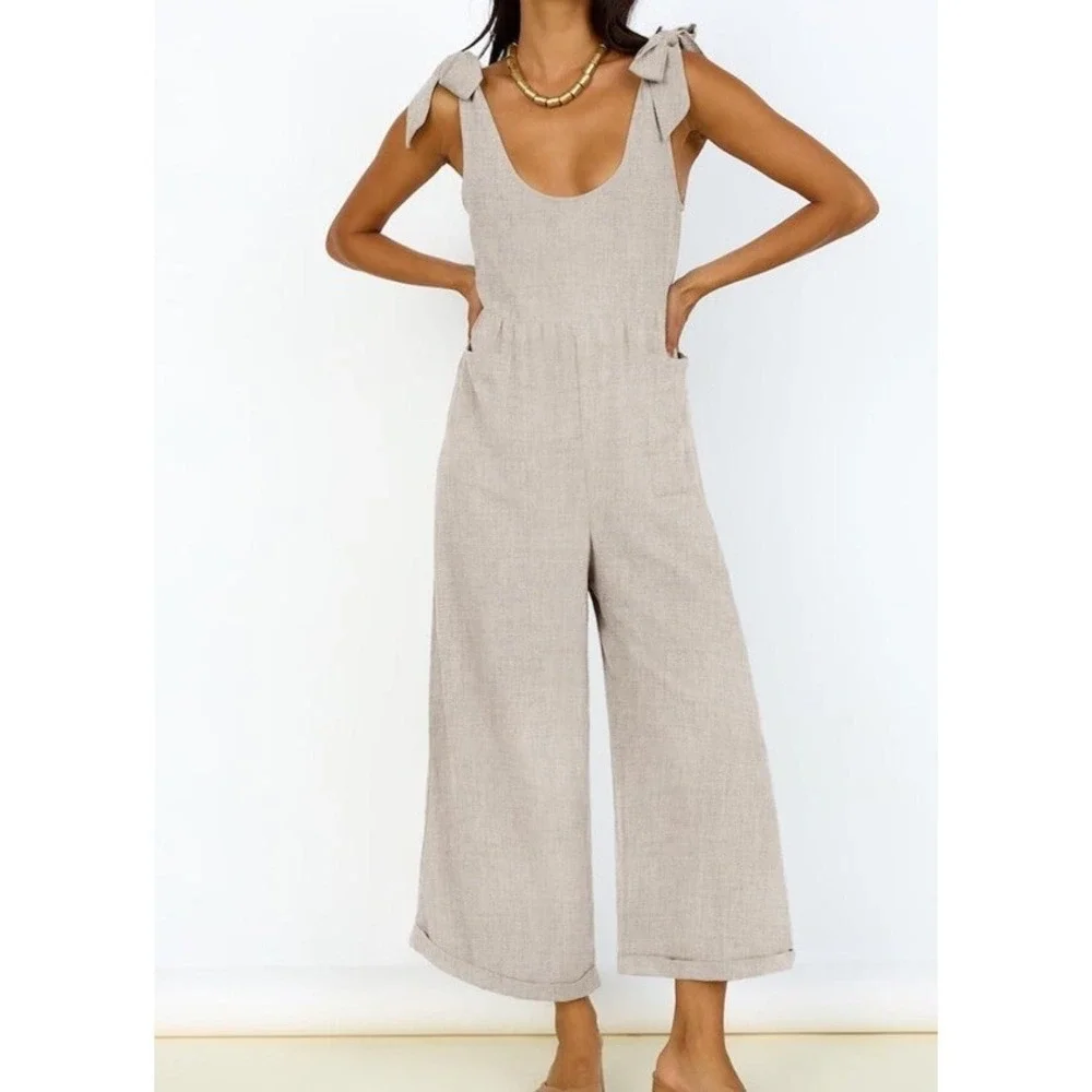 ZESICA Women's Summer Loose Sleeveless Jumpsuits Linen Adjustable Straps Oversiz